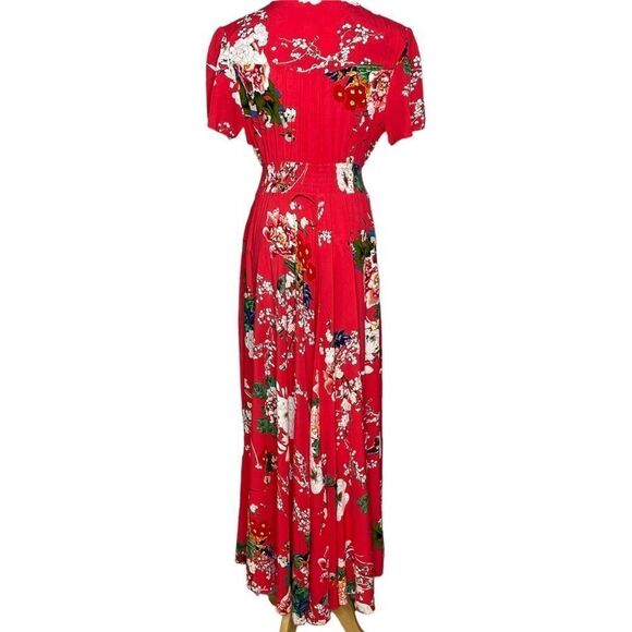 Floral Button Up Maxi Dress Red Elastic Waist L - Picture 4 of 8